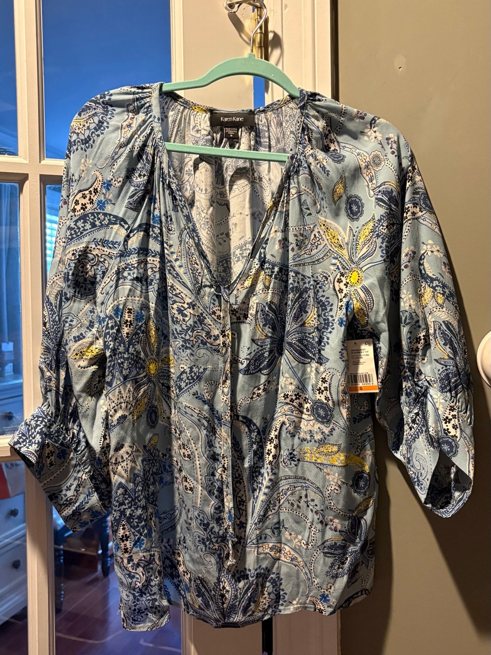 NWT- Karen Kane Light Blue Paisley V-Neck Blouse with Yellow Accents